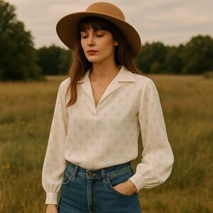 Vintage Alex Colman White Floral Blouse M Boho 70s V-Neck‎ Pullover Top